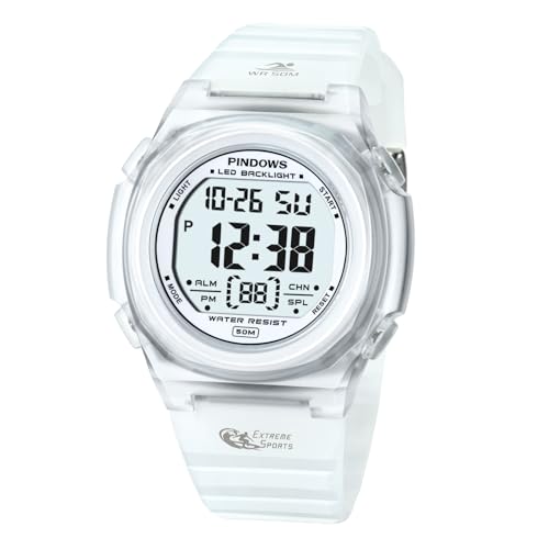 PINDOWS 女性用腕時計、デジタルスポーツウォッチ、50m防水、LEDバックライトリストウォッチ（アラーム、ストップウォッチ、カレンダー付き）、屋内外で毎日使える